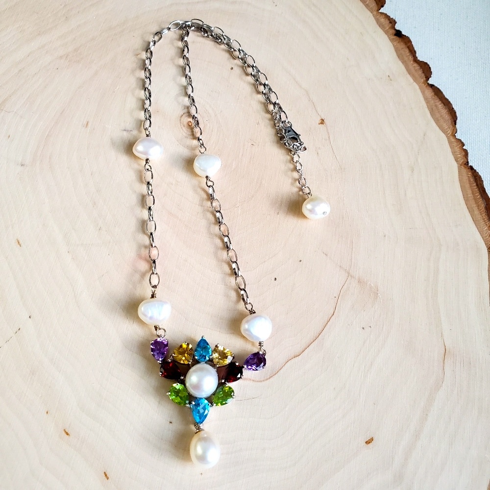 Sterling Silver 925 Gemstone Flower Pearl Necklace